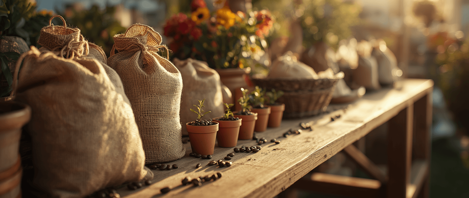 Burlap sacks of coffee beans in warm sunlight