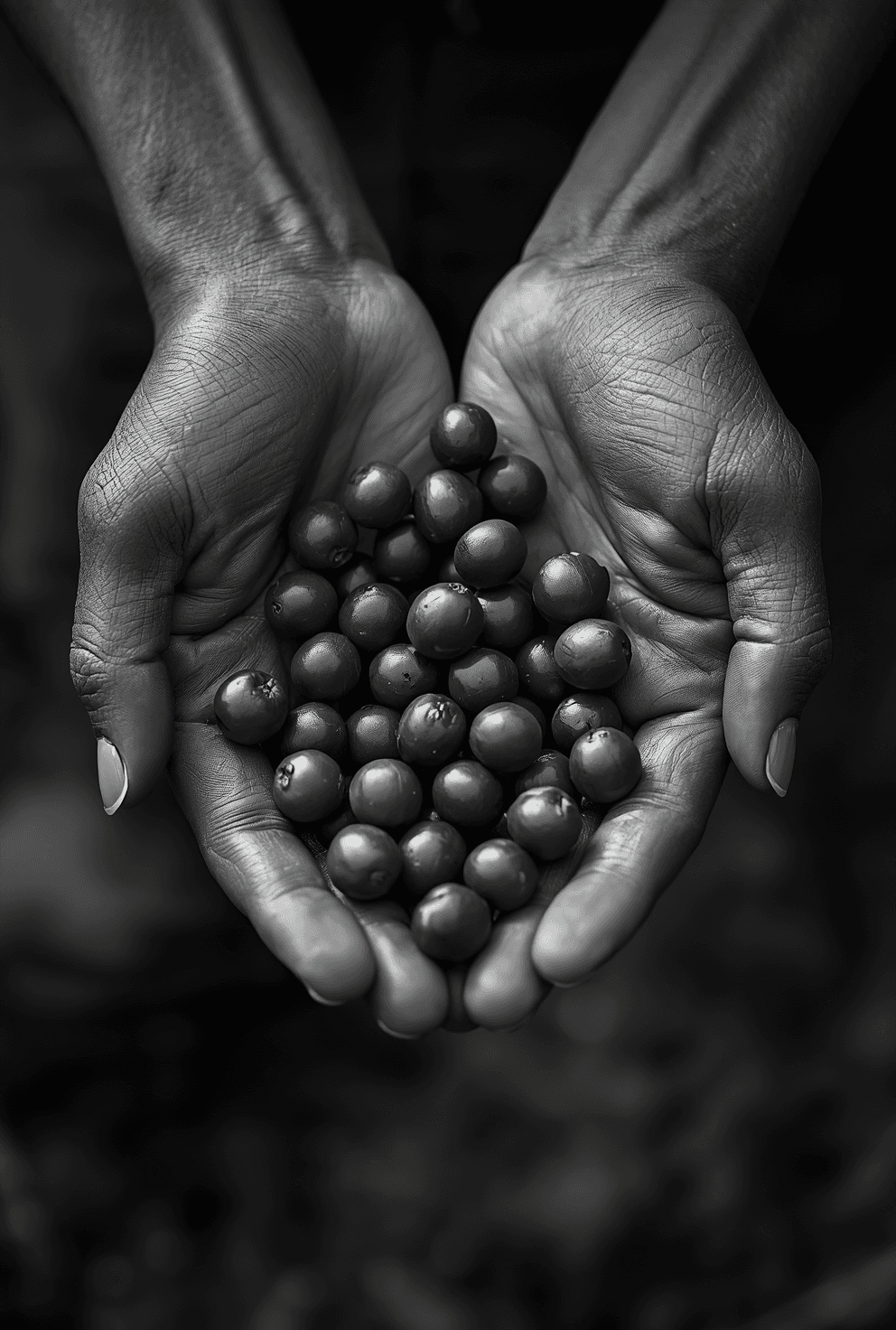 Hands holding freshly harvested coffee cherries