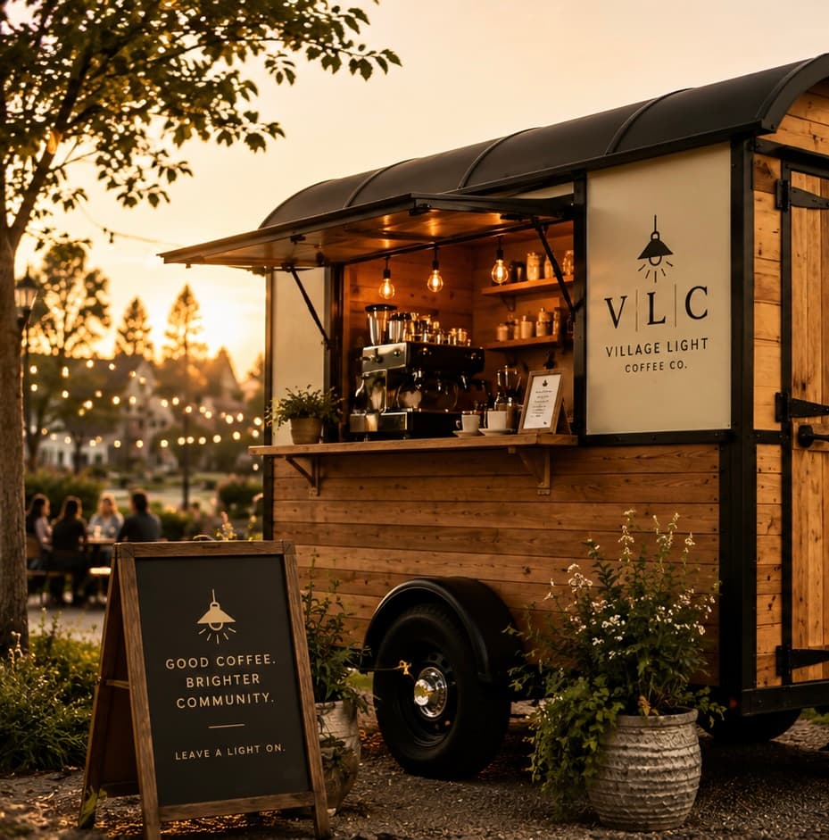 The Village Light coffee trailer at golden hour, string lights on, neighbors gathered nearby