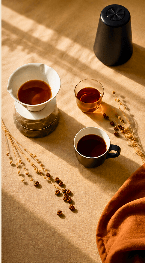 Fresh drip coffee brewing in warm afternoon light